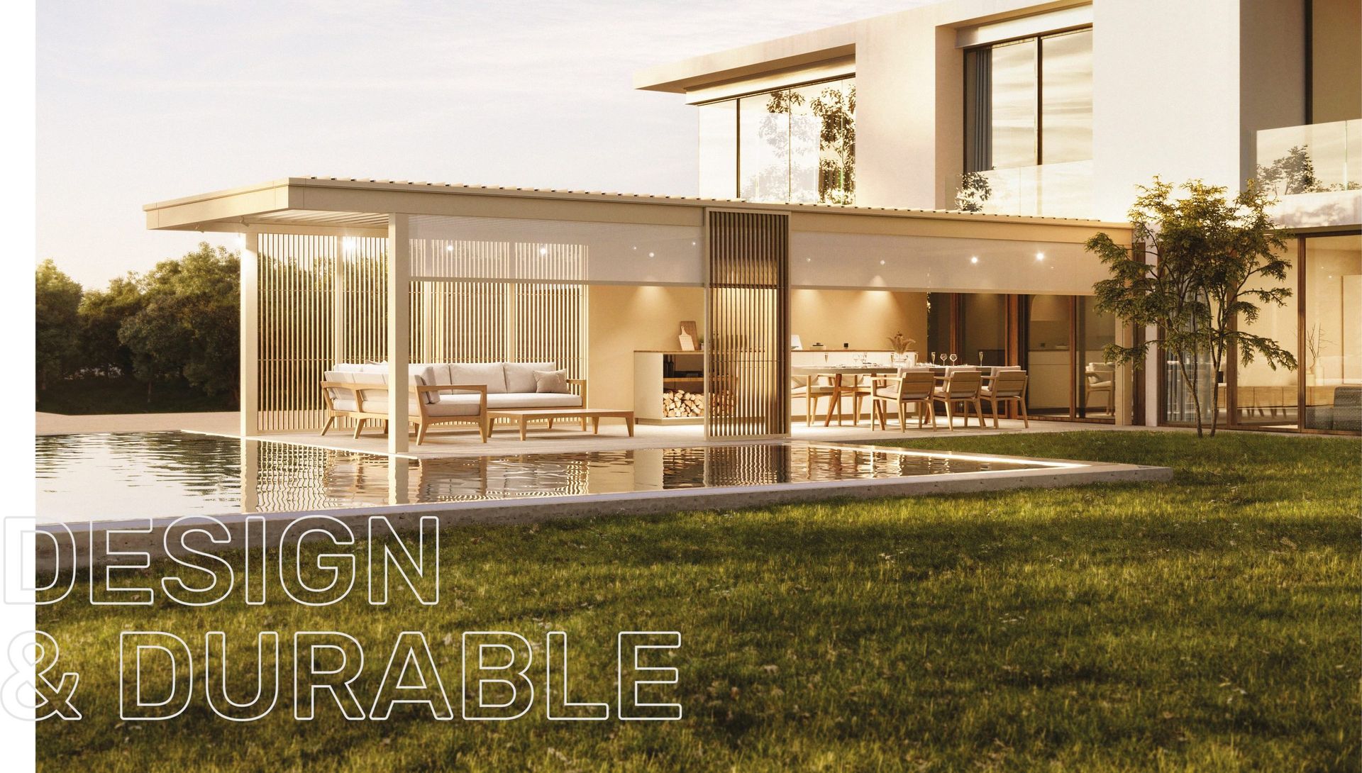 Pergola bioclimatique Renson installée par AB Fenêtres au bord d’une piscine
