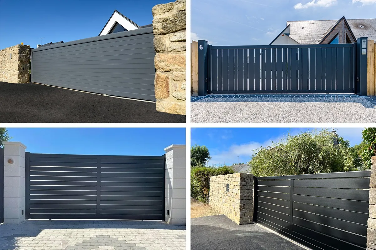 Quatre portails coulissants en aluminium gris anthracite installés devant différentes maisons